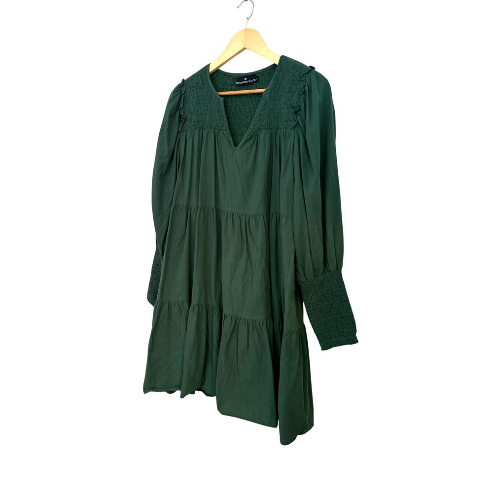 Pomander Place Womens Green Smocked Tiered Cotton Mini Dress Size Medium - Picture 4 of 9